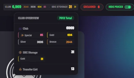 Club widget showing player counts and SBC storage