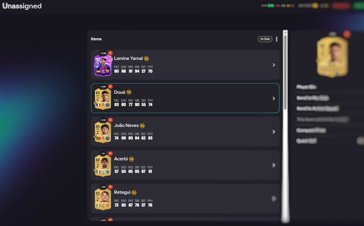 Unassigned items management with action buttons