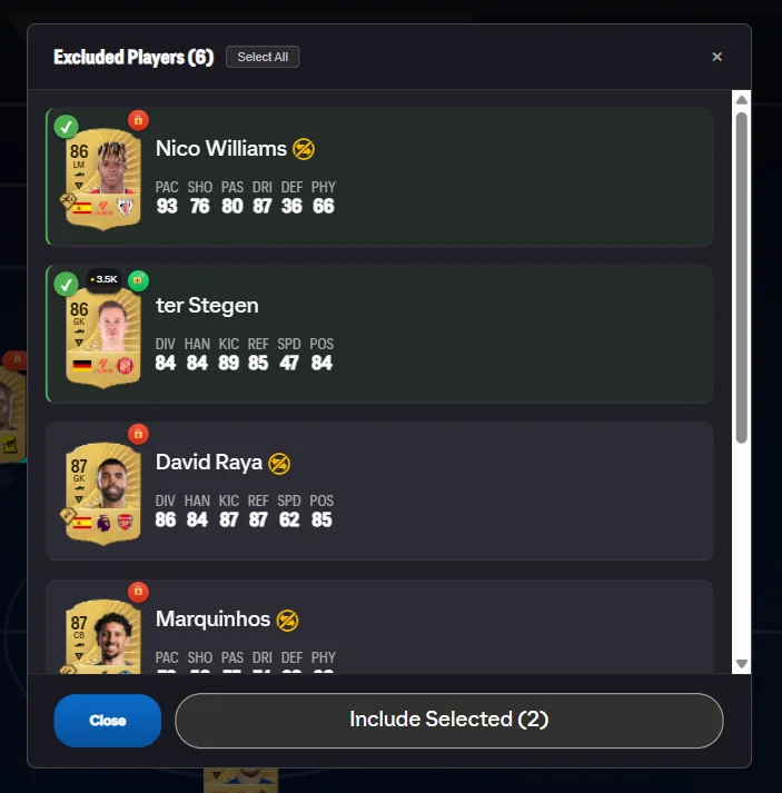 Excluded players modal with selections