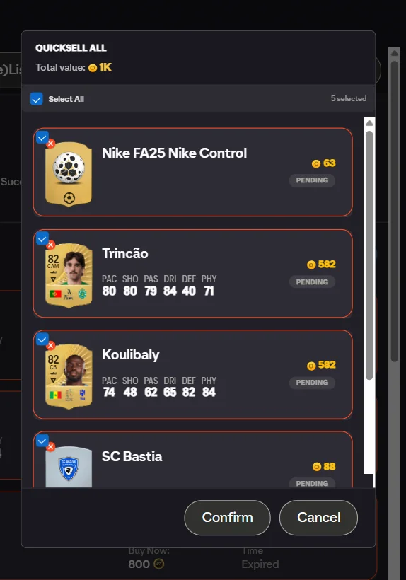 Quicksell all confirmation with coin total