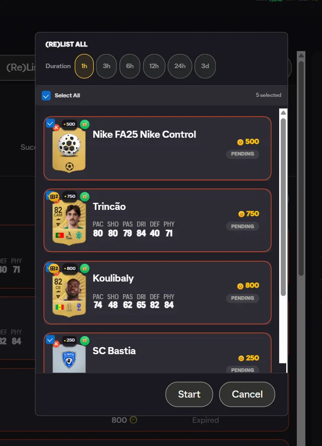 Relist all items on transfer market