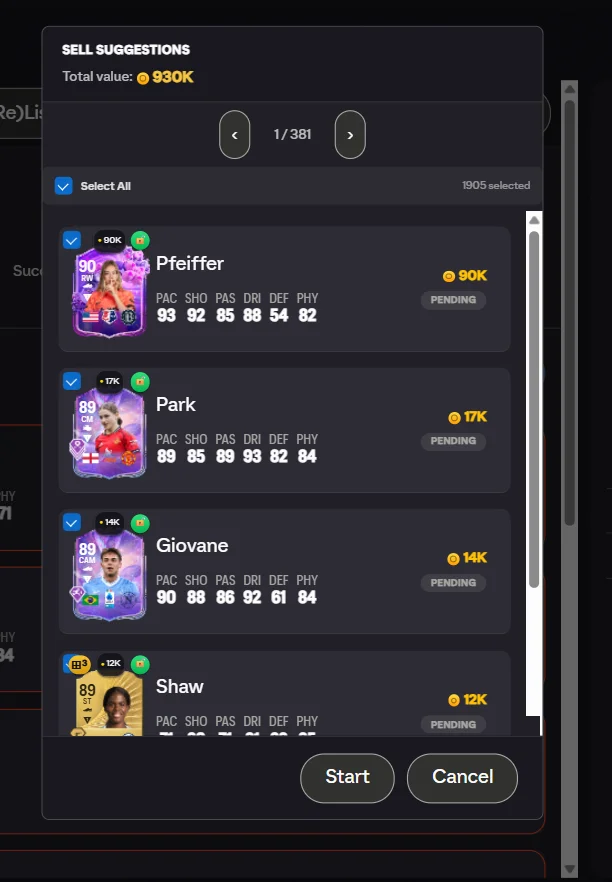 Sell suggestions modal with player prices